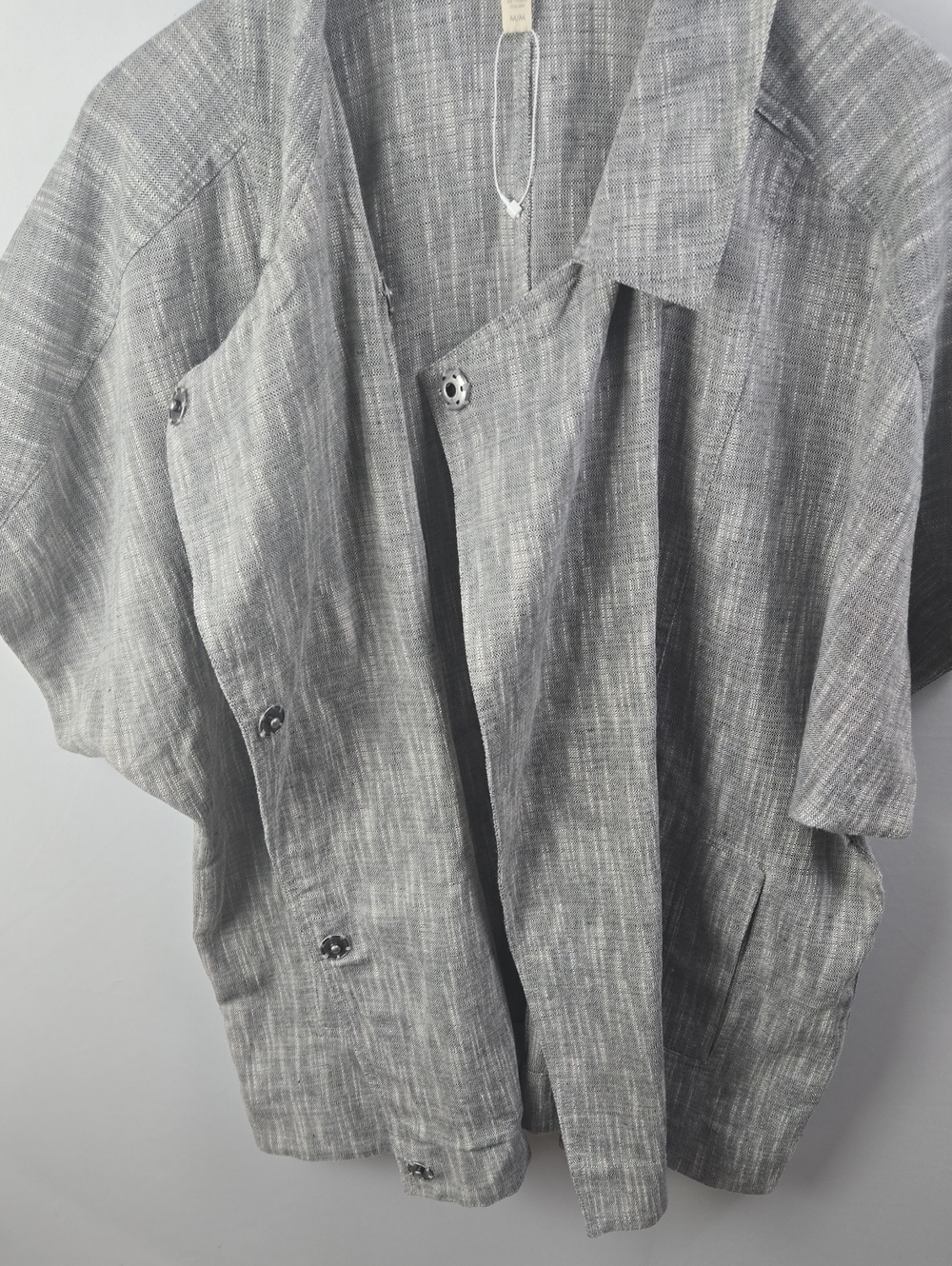 EILEEN FISHER Gray Woven Short Sleeve Cotton & Linen Boxy Layering Jacket Sz M - Picture 3 of 10
